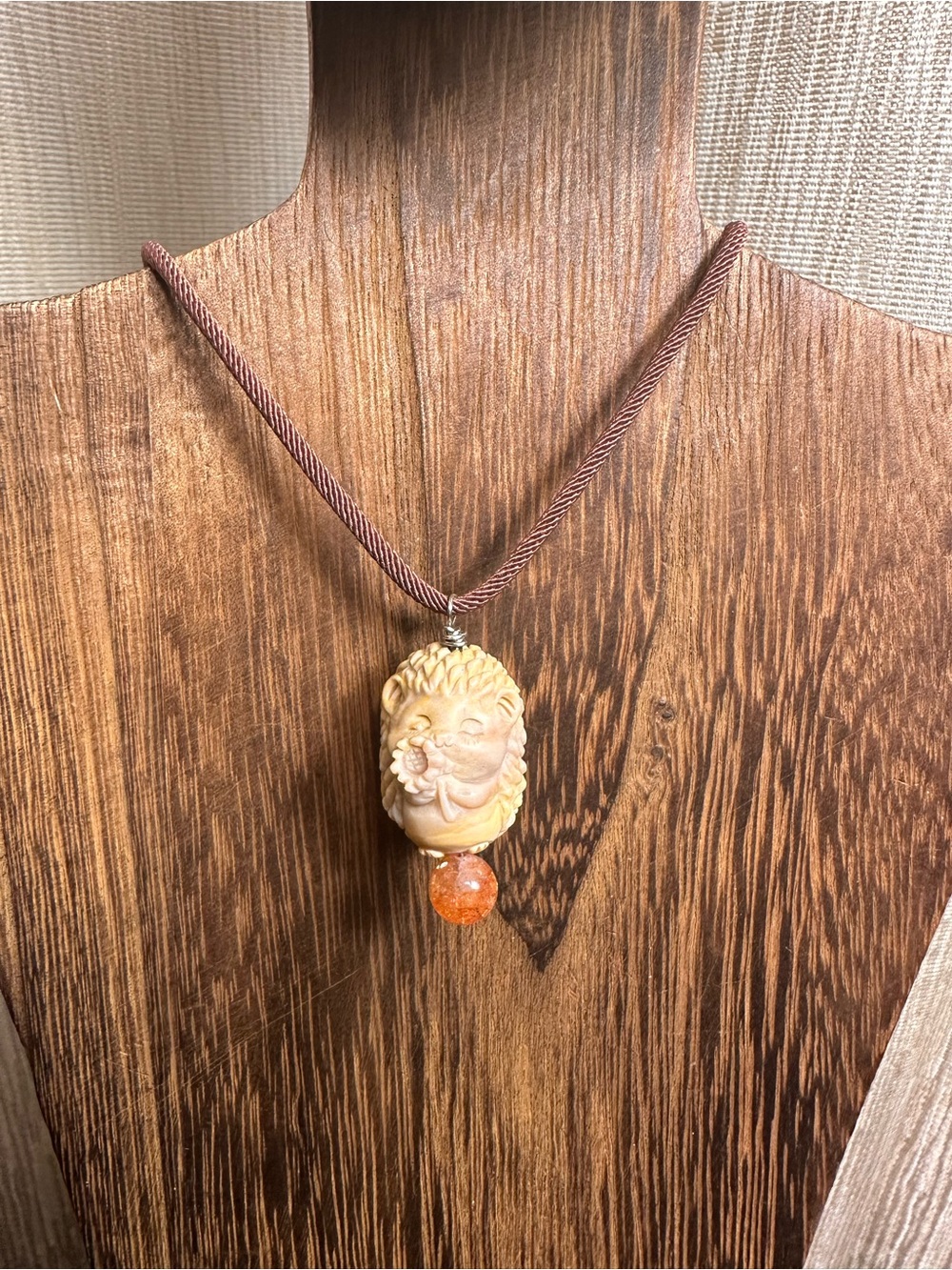 Alashan Agate Hedgehog Charm Pendant Necklace with Sunstone on Brown Rope - Picture 12 of 14